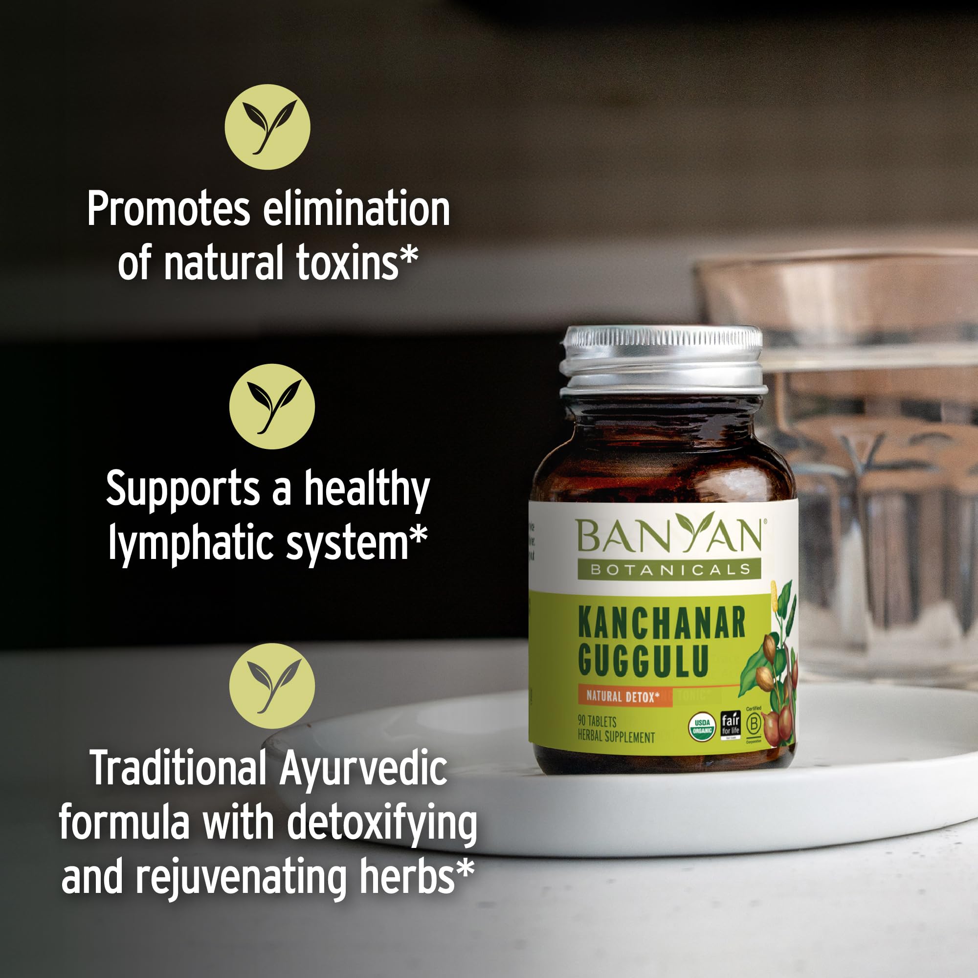 Banyan Botanicals Kanchanar Guggulu bottle back with usage details
