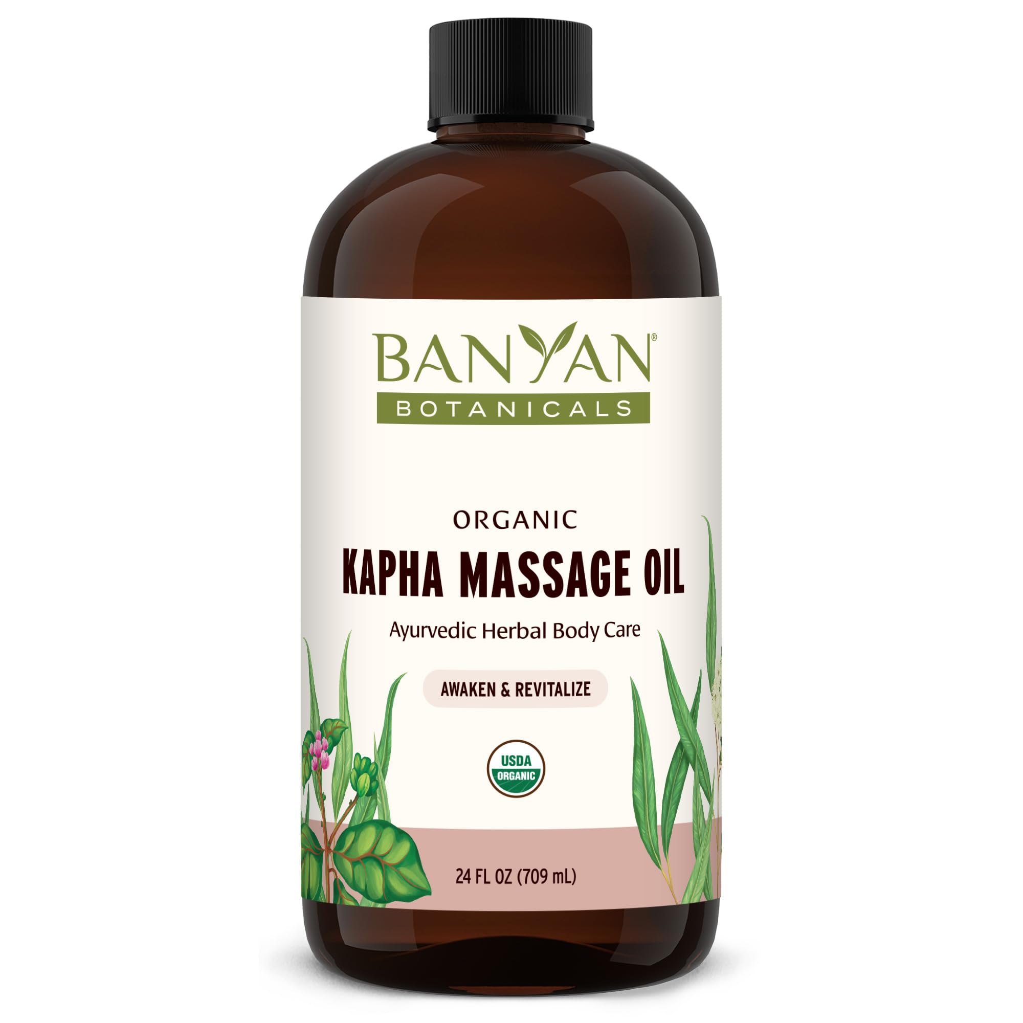 Banyan Botanicals Kapha massage oil bottle ready for daily self-massage