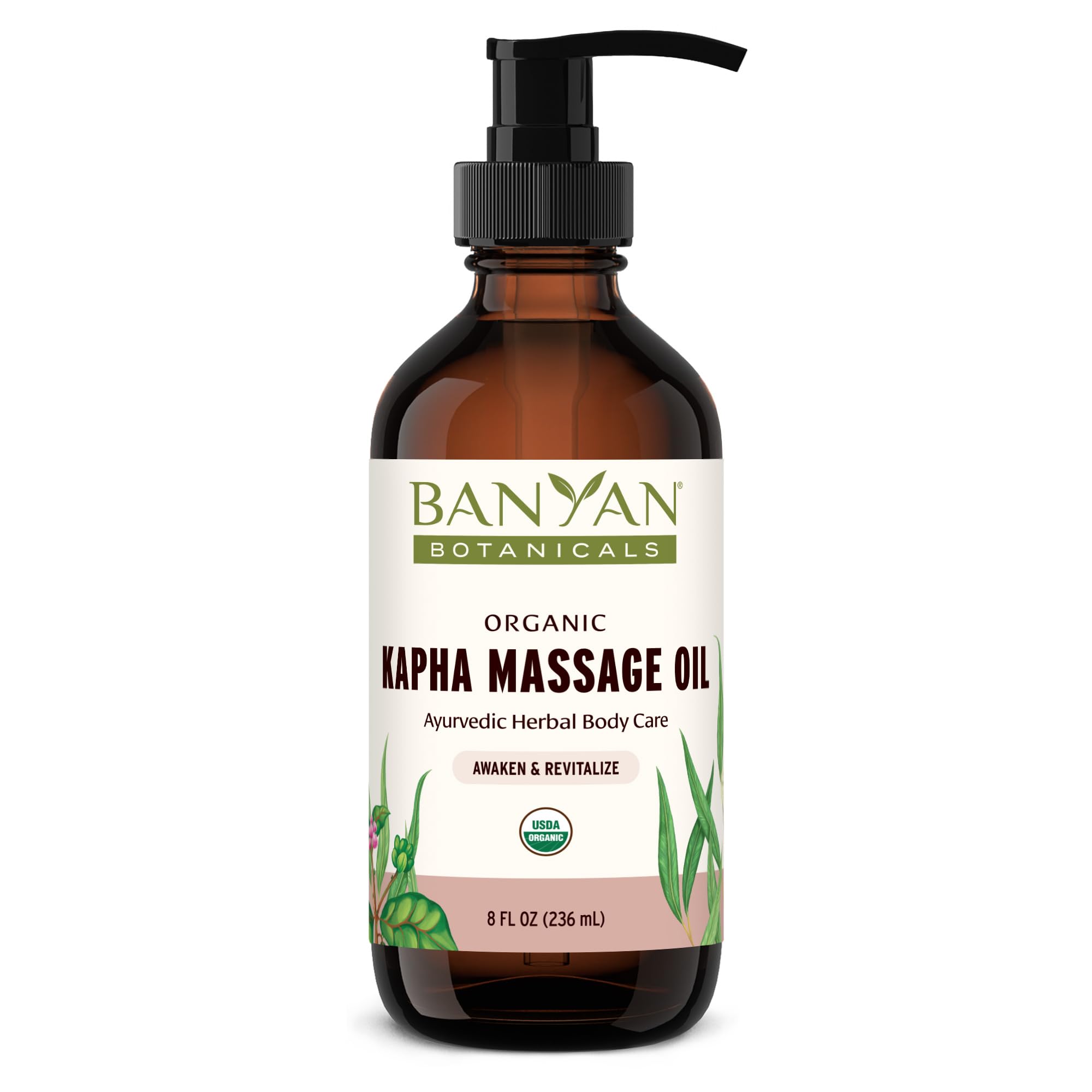 Banyan Botanicals Kapha Massage Oil bottle with Chitrak and Tulsi, warming for self-massage rituals.