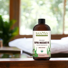 Tulsi-rich Kapha oil highlighting holy basil aroma