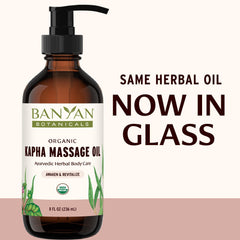 Pour of Banyan Botanicals Kapha Massage Oil inviting warm aroma for revitalizing routine.