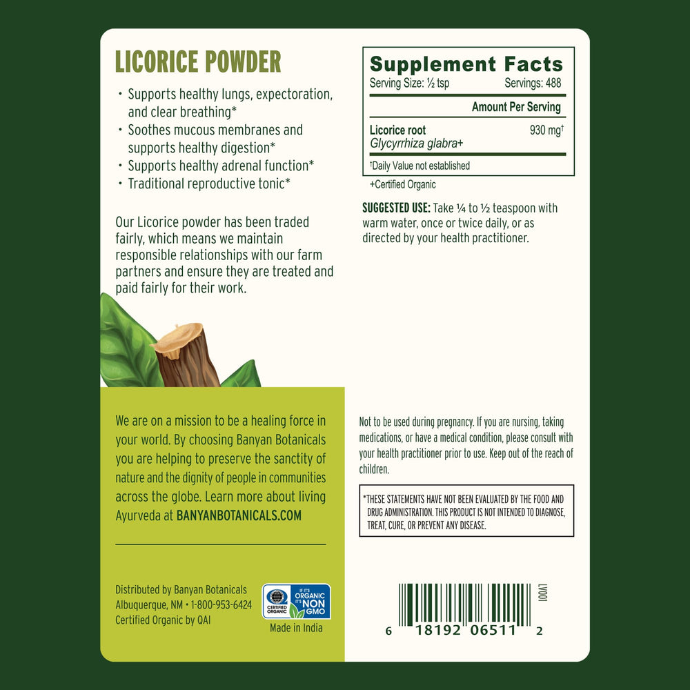 Banyan Botanicals Licorice Powder label focuses on organic, sustainable sourcing.