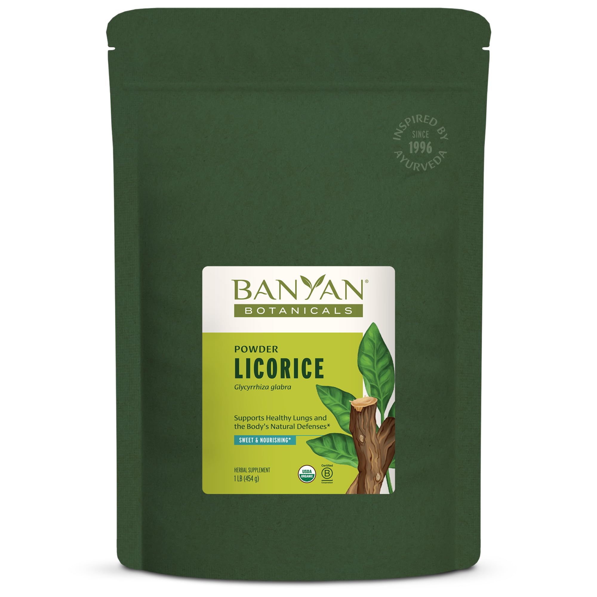 Banyan Botanicals Licorice Powder package, organic root powder for digestive balance.