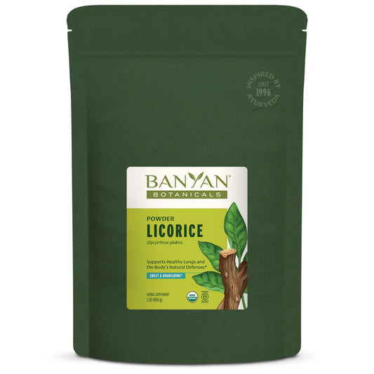Banyan Botanicals Licorice Powder package, organic root powder for digestive balance.