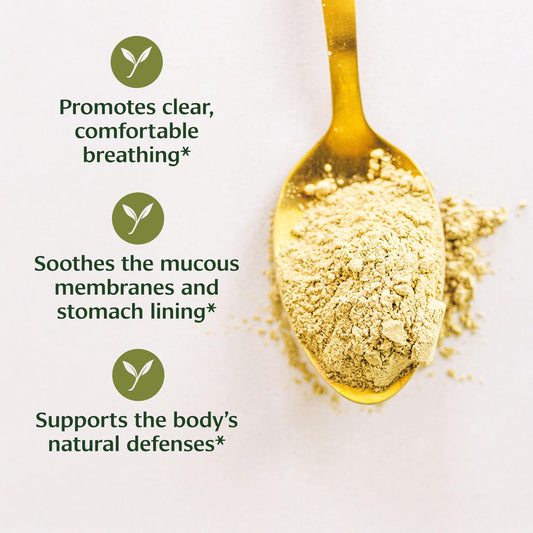 Banyan Botanicals Licorice Powder scoop highlighting respiratory-friendly herbal use.