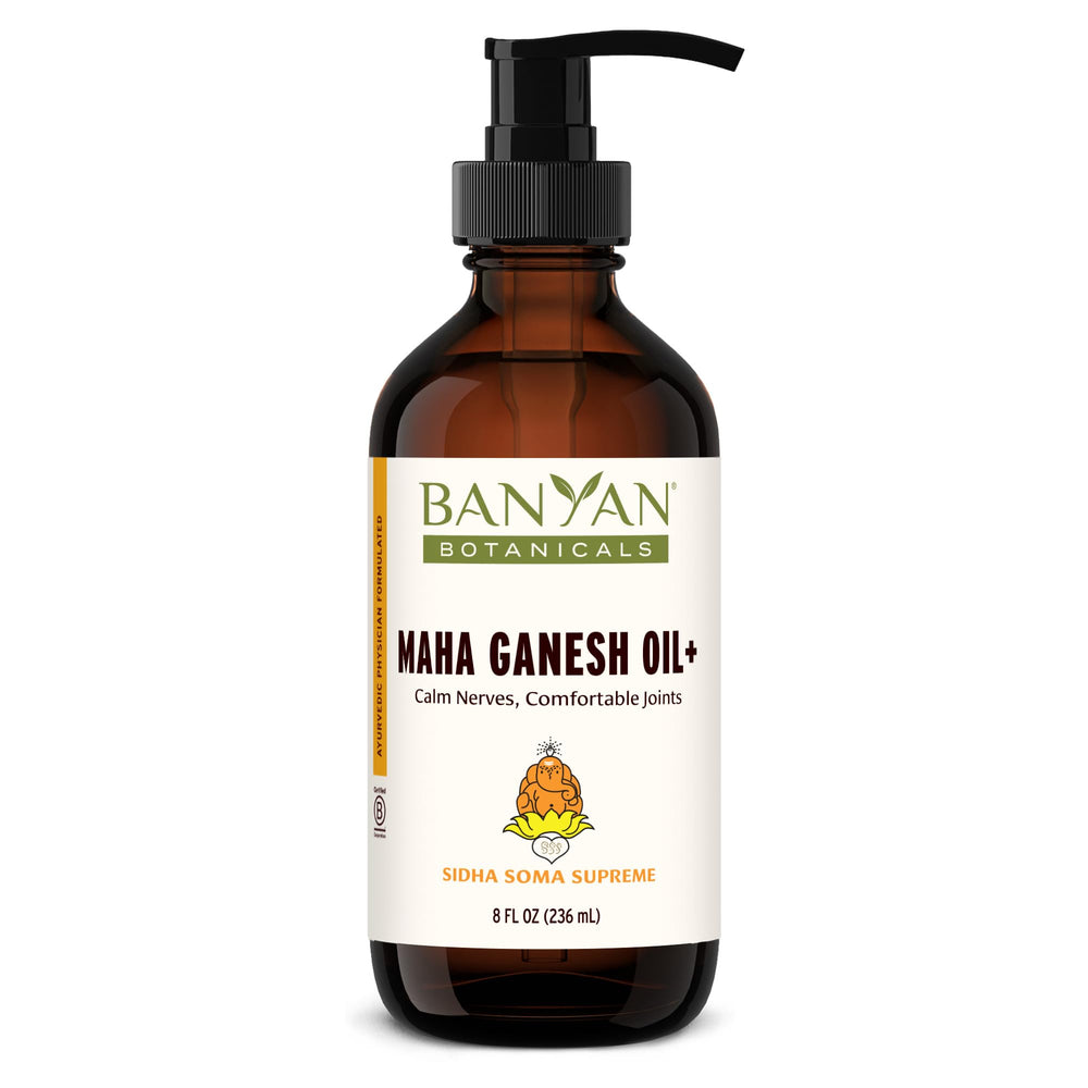 Banyan Botanicals Maha Ganesh Oil+ bottle for deep massage and relaxation.
