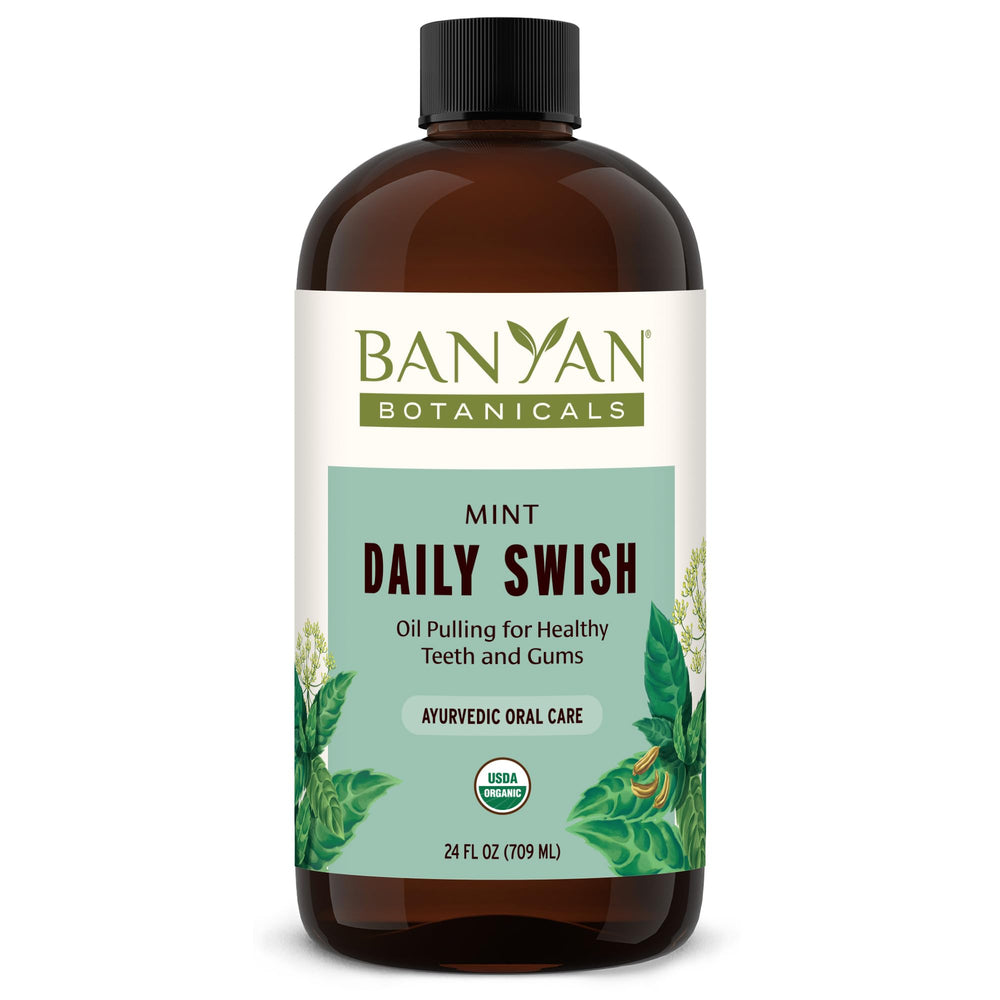 Banyan Botanicals Mint Daily Swish bottle front for a refreshing oil pulling routine