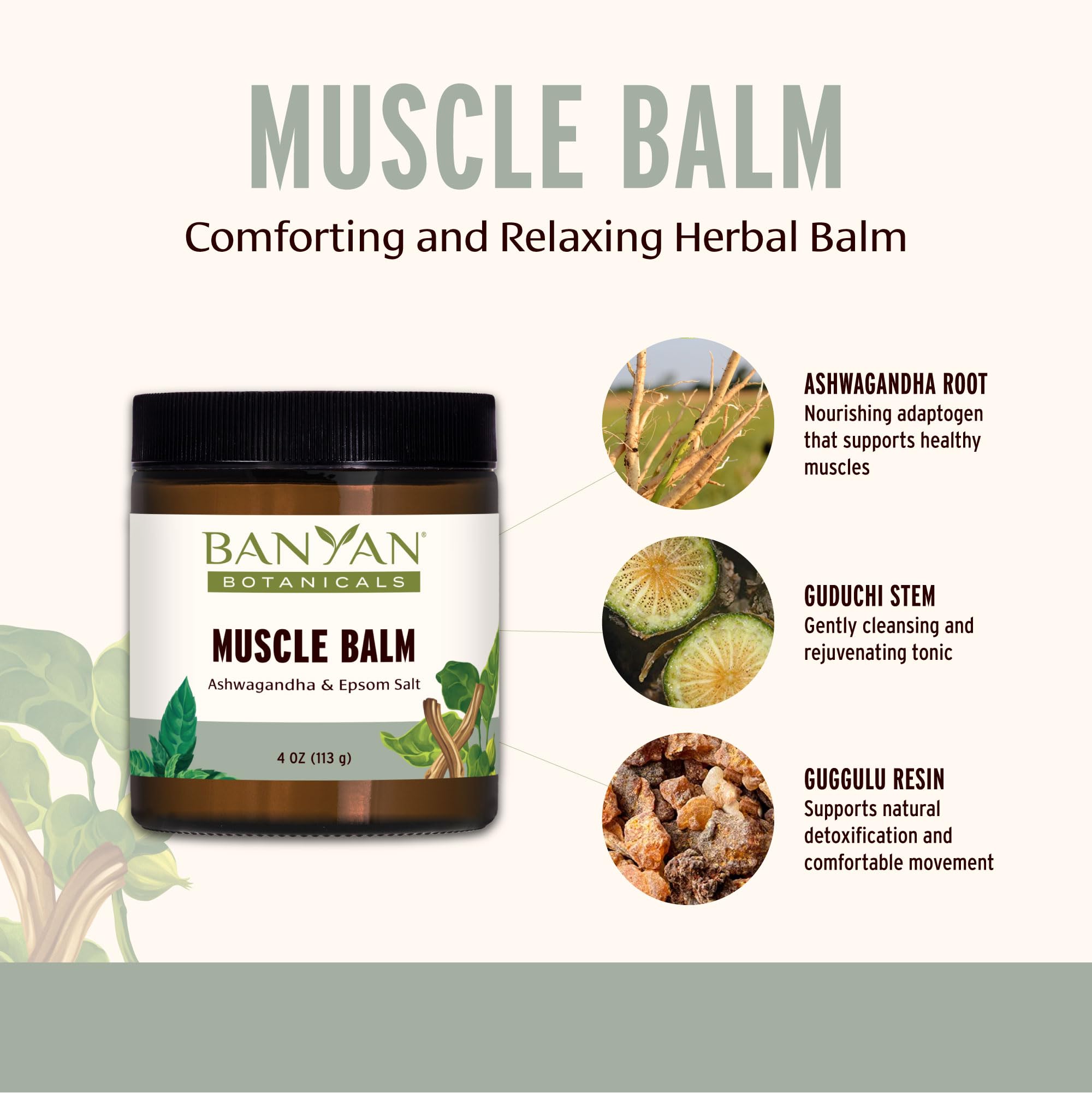 Banyan Botanicals Muscle Balm eucalyptus camphor mint aroma suggesting refreshing relief after activity