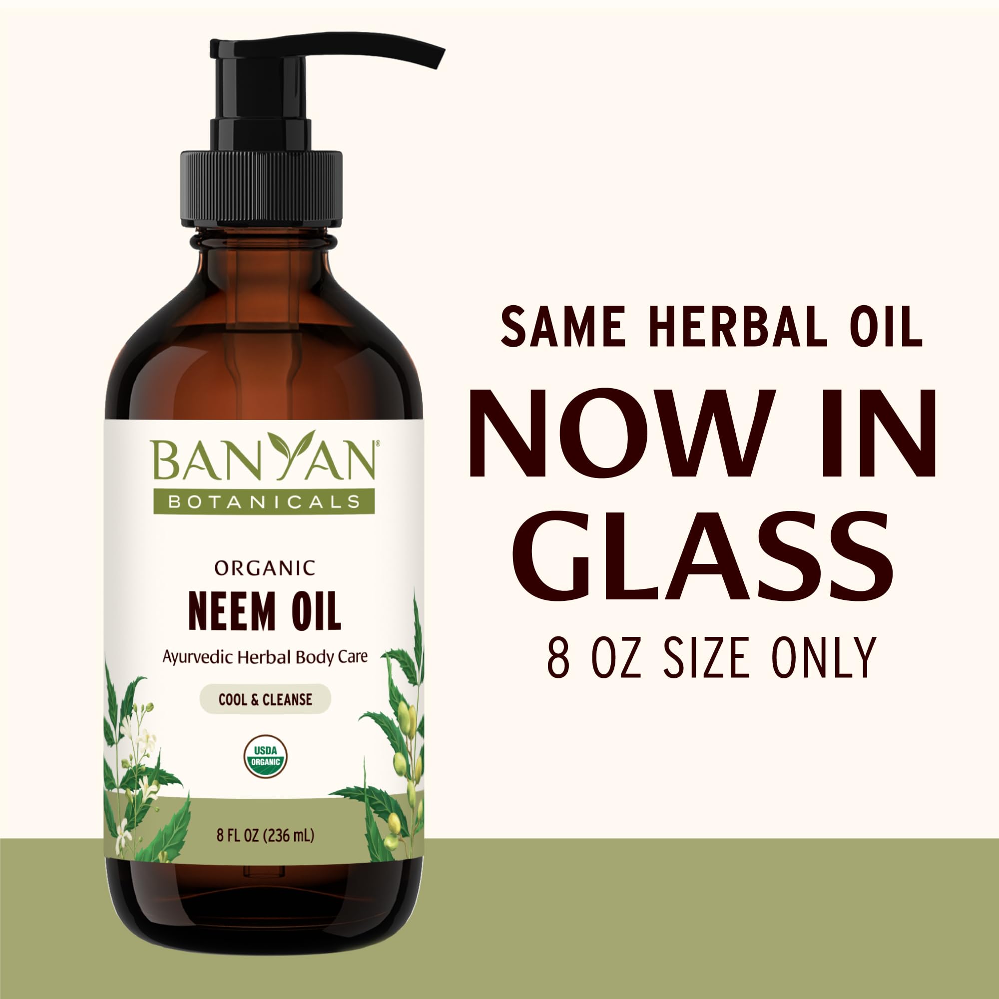 Banyan Botanicals Neem Oil label highlights organic, non-GMO ingredients.