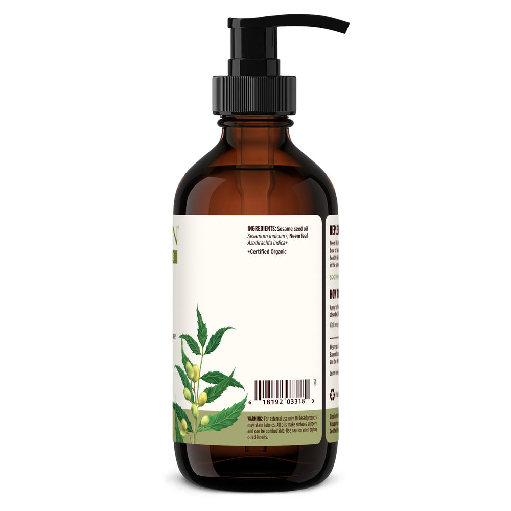 Banyan Botanicals Neem Oil packaging emphasizes sustainable sourcing.