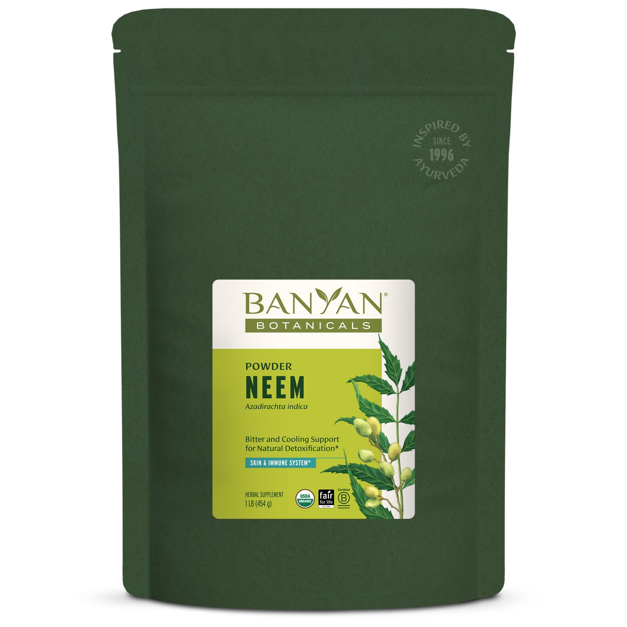 Banyan Botanicals Neem Powder bottle pour; supports healthy skin and gentle detox.