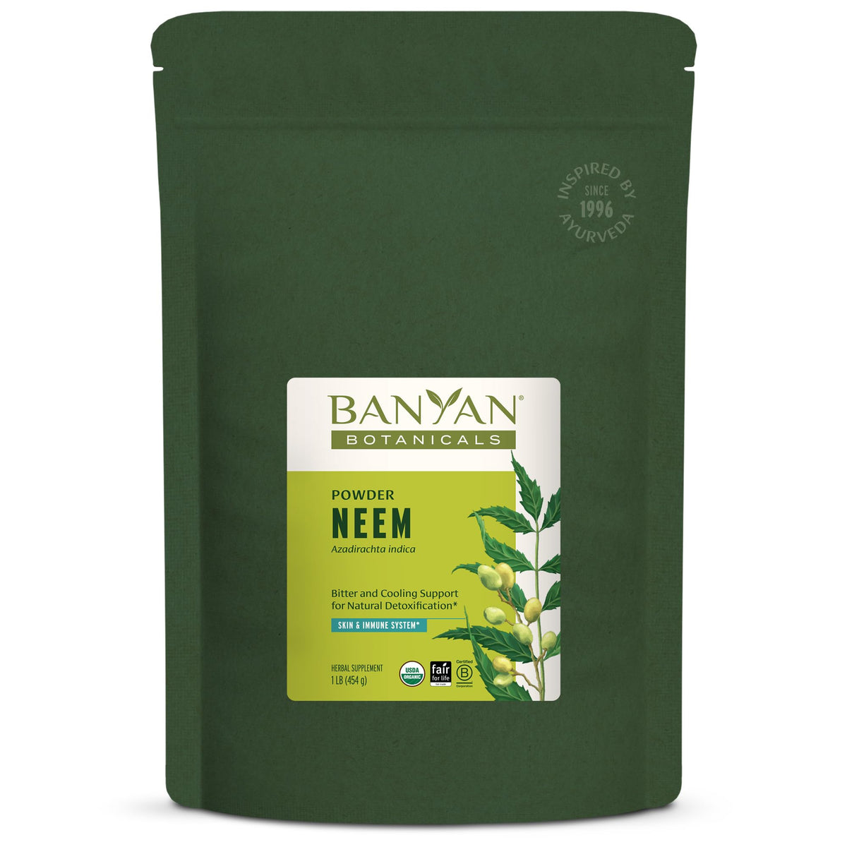 Banyan Botanicals Neem Powder bottle pour; supports healthy skin and gentle detox.