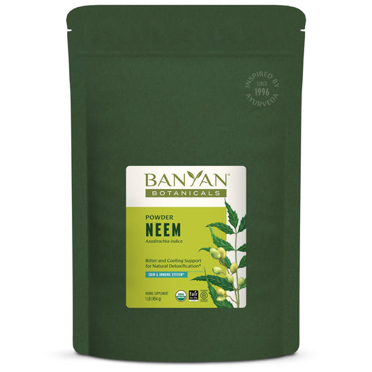 Banyan Botanicals Neem Powder bottle pour; supports healthy skin and gentle detox.