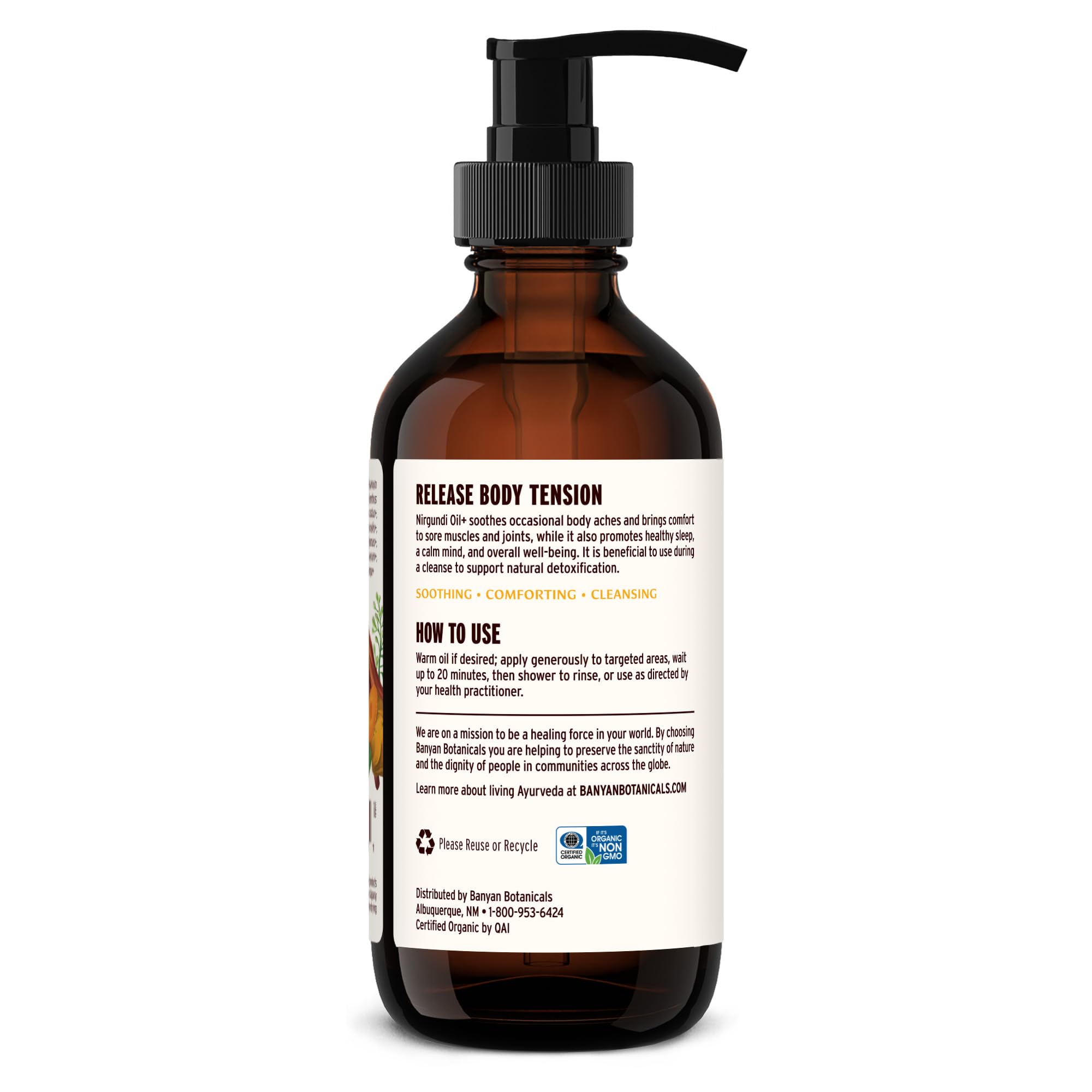 Nirgundi Oil+ organic formulation highlighted for quality Ayurvedic care by Banyan Botanicals.