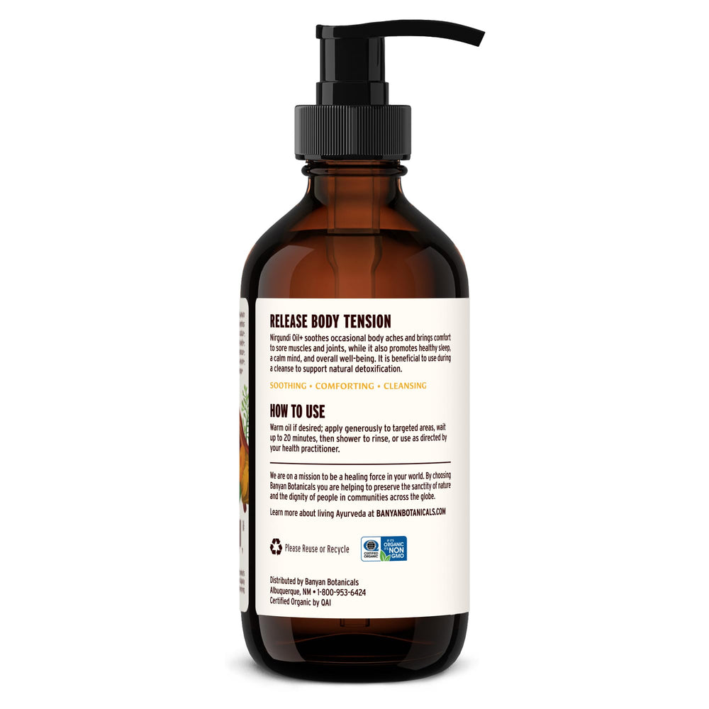 Nirgundi Oil+ organic formulation highlighted for quality Ayurvedic care by Banyan Botanicals.