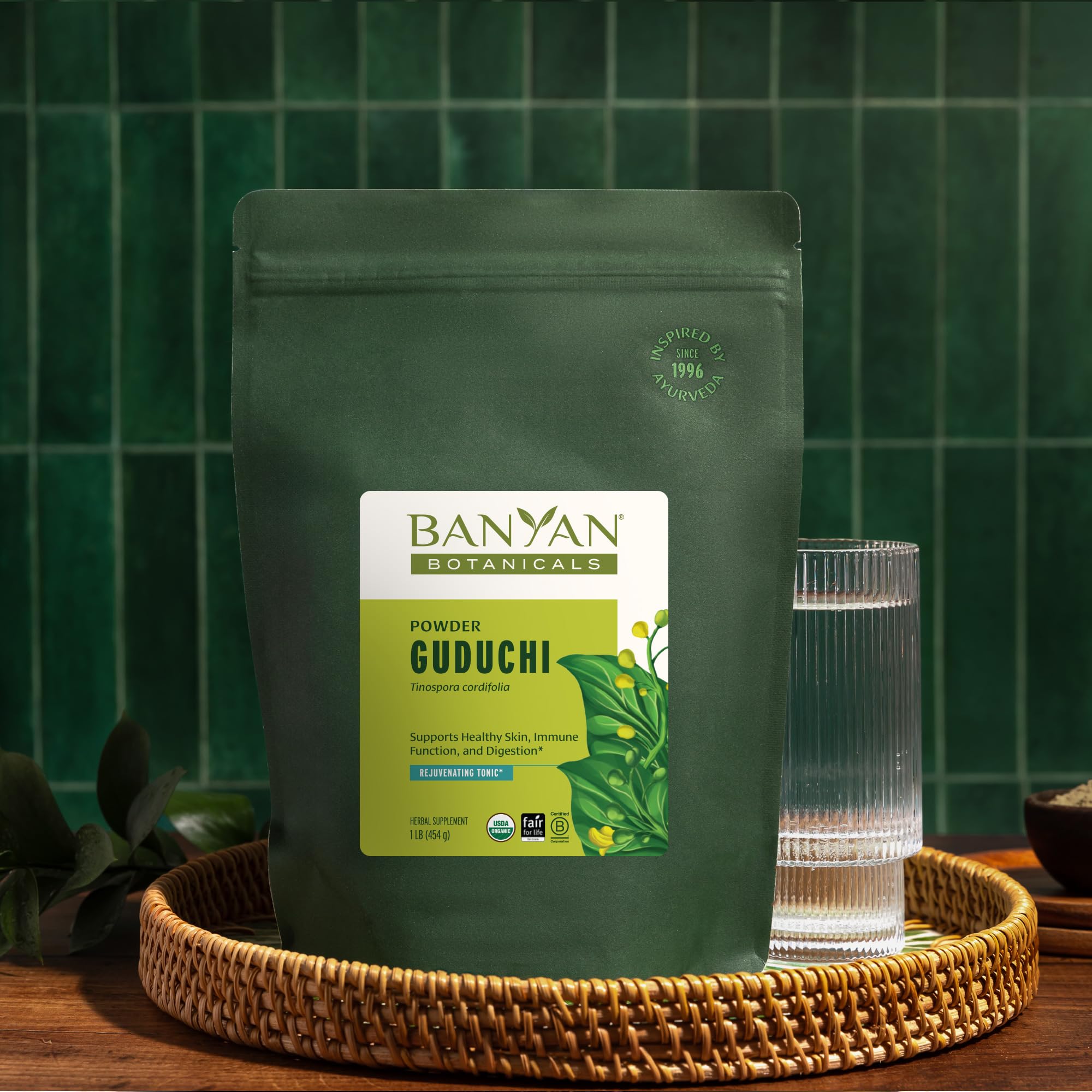 Banyan Botanicals organic certification label on Guduchi powder packaging.