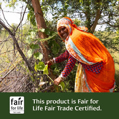 Organic certification label reinforces non-GMO, vegan, and fair trade commitments.