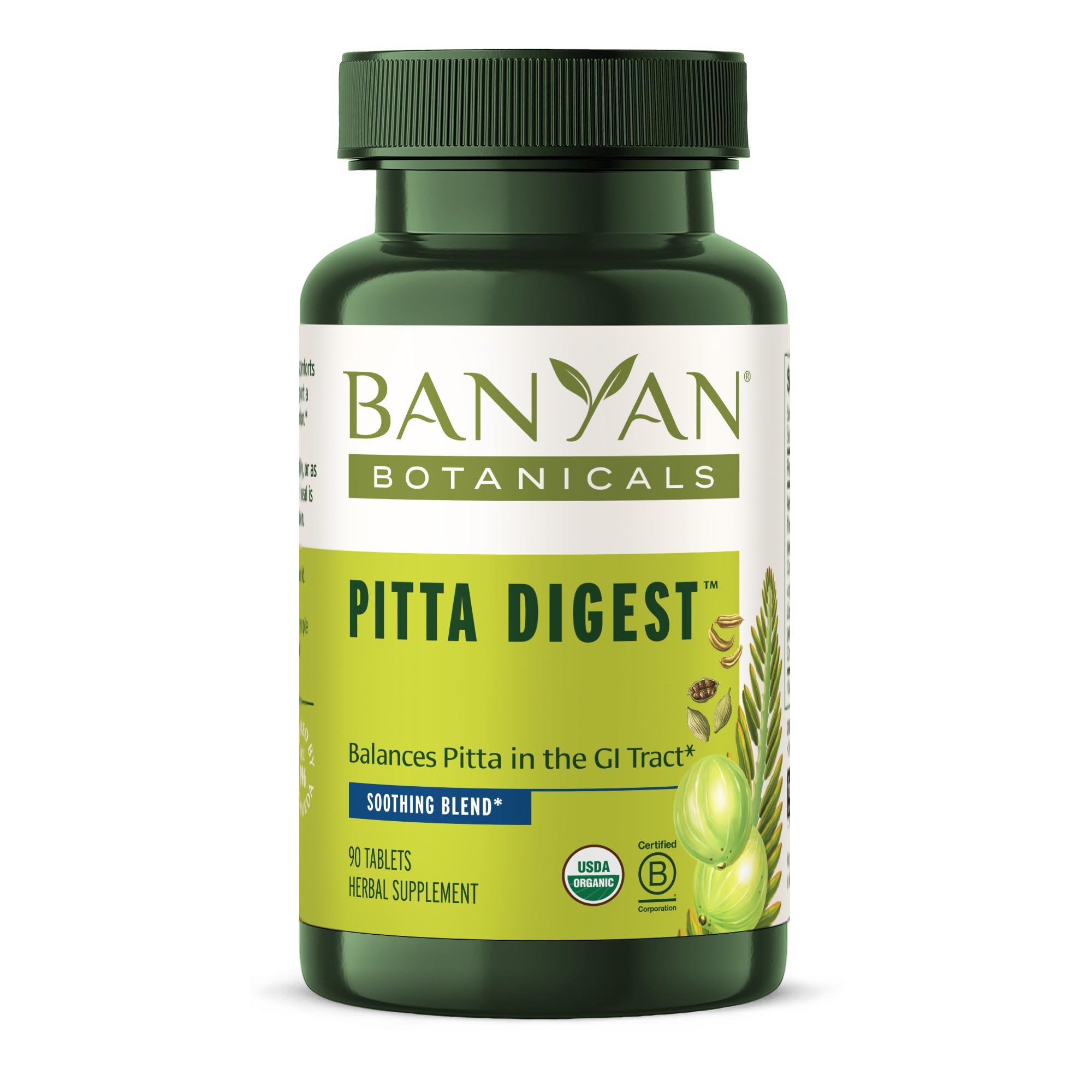 Banyan Botanicals Pitta Digest bottle label shown for cooling post-meal comfort.
