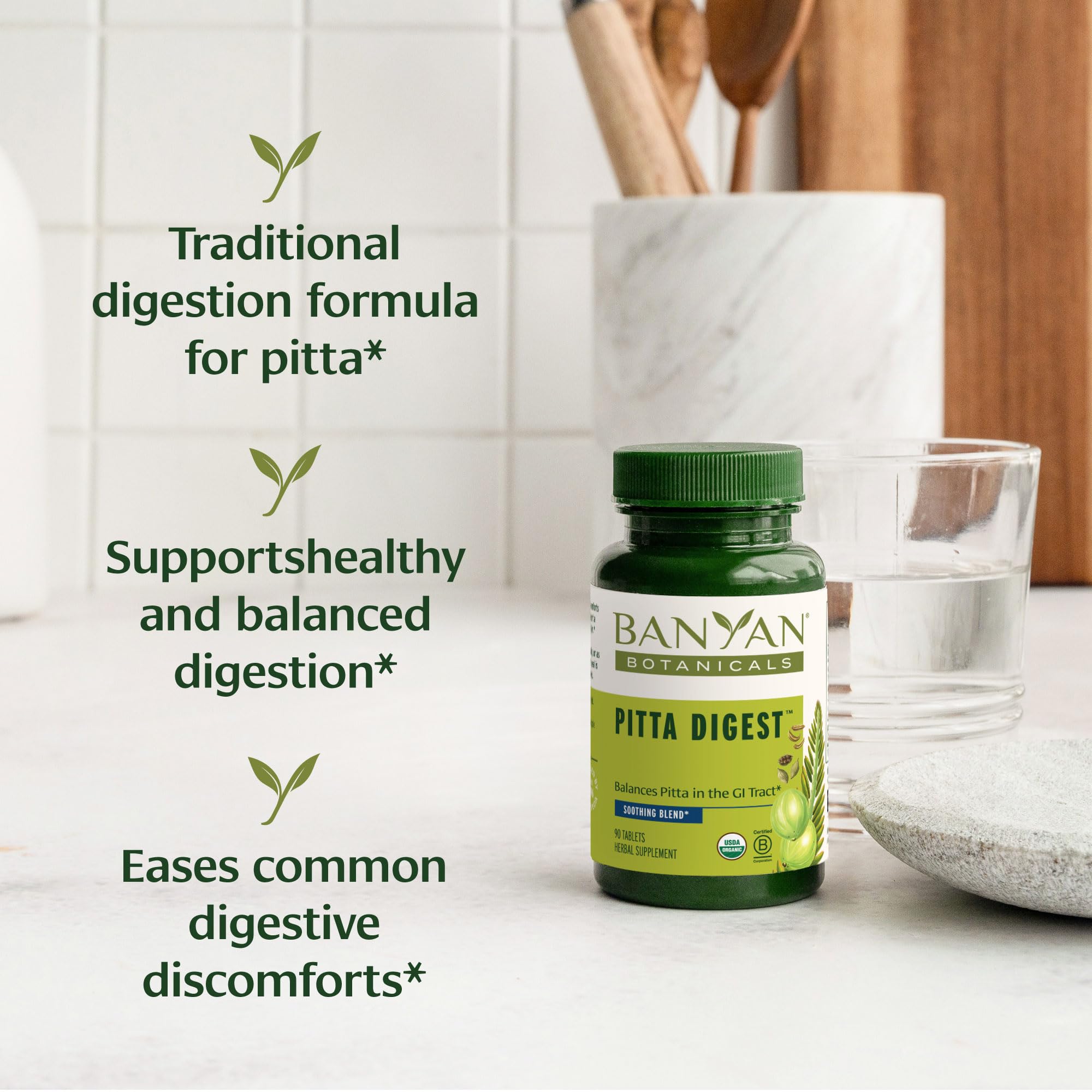 Banyan Botanicals Pitta Digest tablets close-up highlighting daily support.