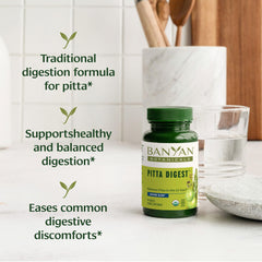 Banyan Botanicals Pitta Digest tablets close-up highlighting daily support.