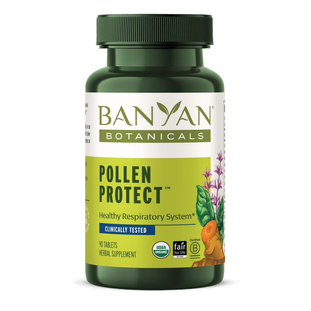 Banyan Botanicals Pollen Protect bottle shown for daily seasonal support.