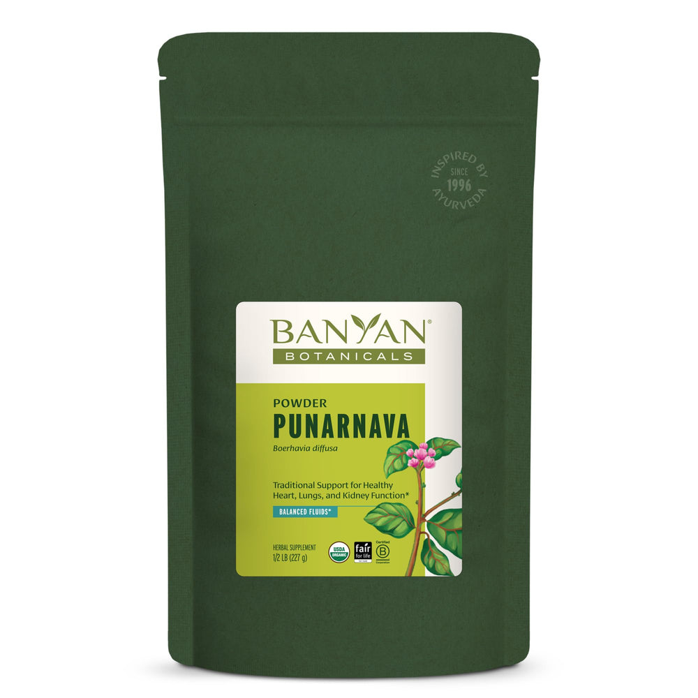 Banyan Botanicals Punarnava Powder bottle for organic tea blends