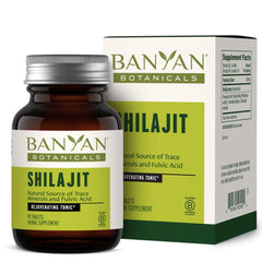 Banyan Botanicals Shilajit tablets bottle shows mineral-rich energy support.
