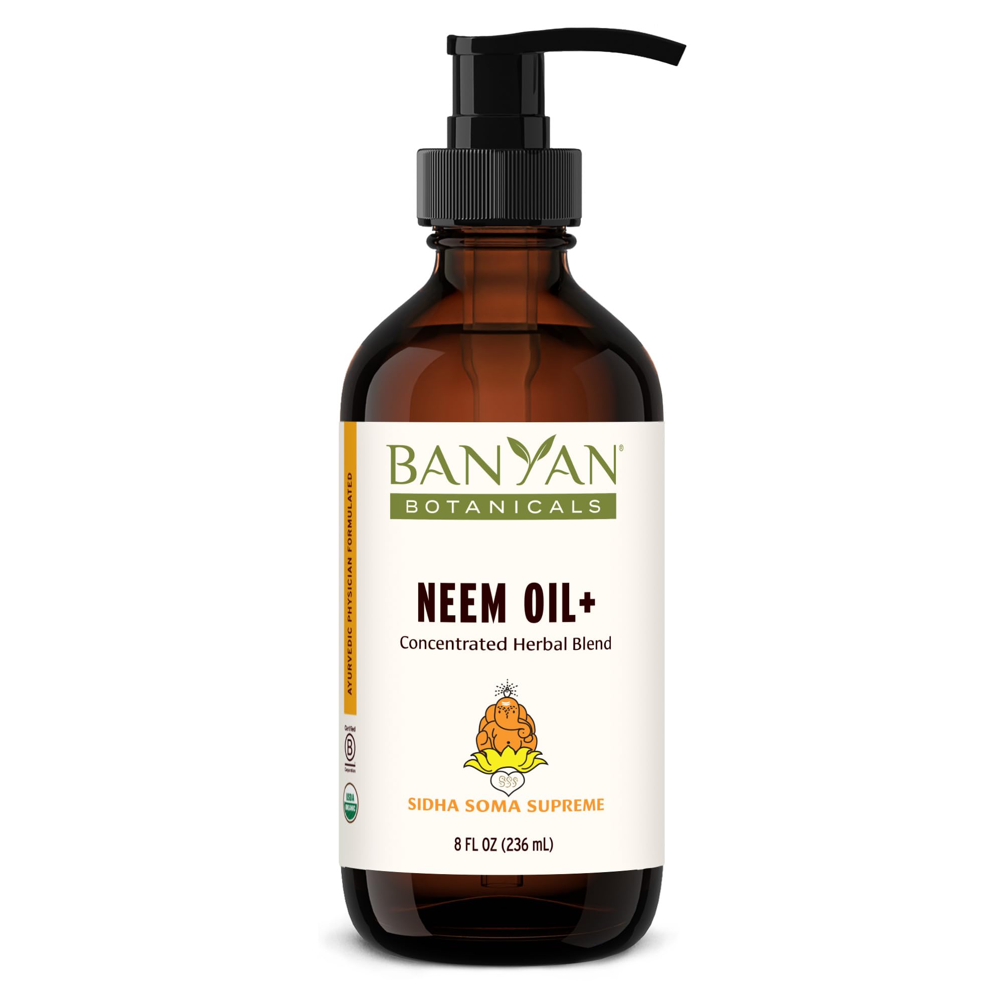 Banyan Botanicals Sidha Soma Supreme Neem Oil bottle for radiant skin support.