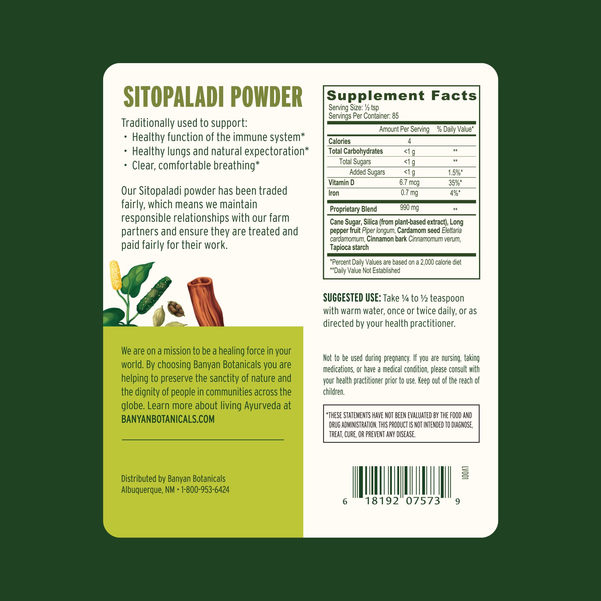 Banyan Botanicals Sitopaladi Powder scoop demonstrates convenient daily use for immune support.