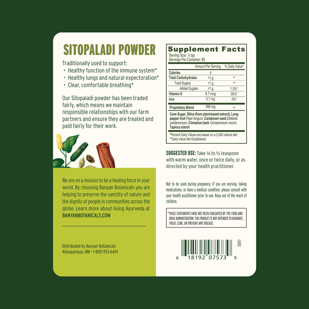 Banyan Botanicals Sitopaladi Powder scoop demonstrates convenient daily use for immune support.