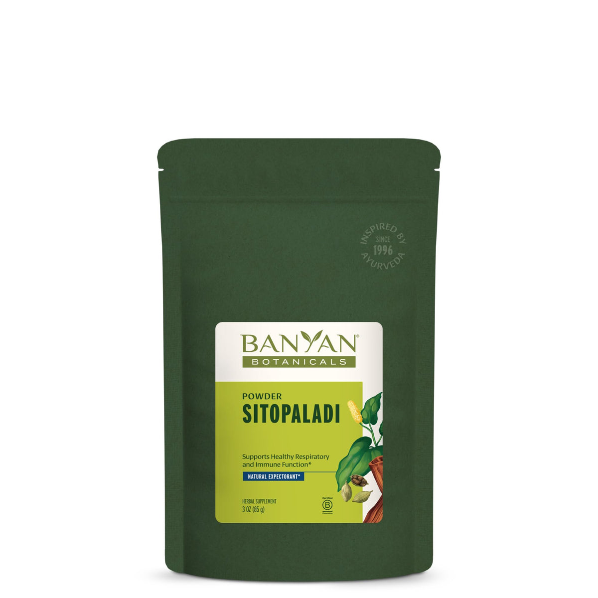 Banyan Botanicals Sitopaladi Powder front label highlights the organic blend for respiratory support.