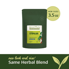 Banyan Botanicals Sitopaladi Powder tea steep image shows a warm respiratory ritual.