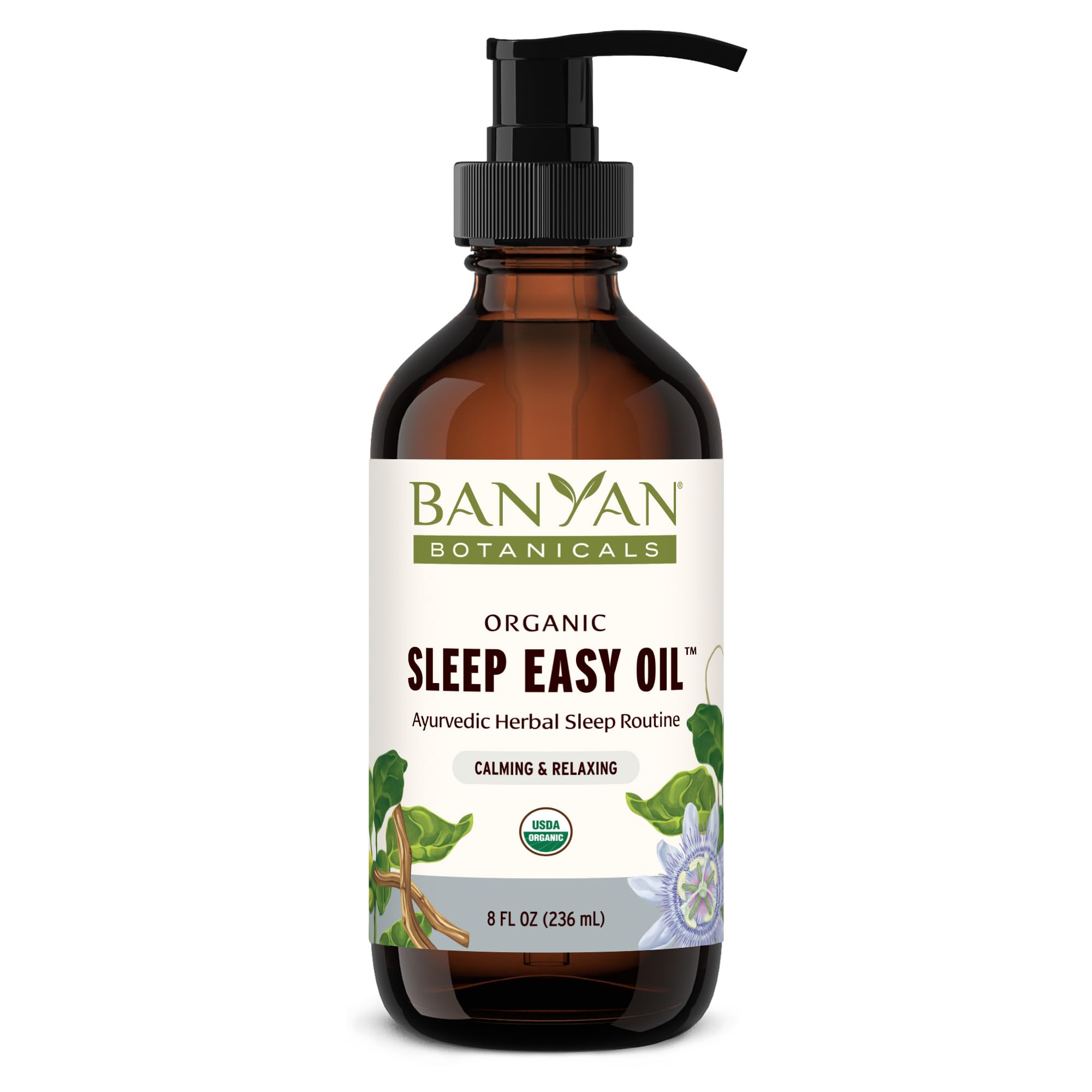 Banyan Botanicals Sleep Easy Oil bottle for calming self-massage before bed.