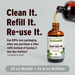 Banyan Botanicals Sleep Easy Oil close-up of amber bottle cap with herbal swirl, inviting relaxation