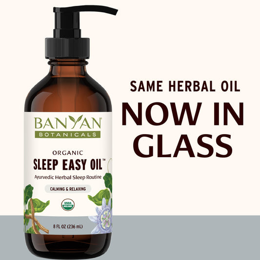 Sleep Easy Oil packaging highlighting organic and sustainably sourced ingredients.