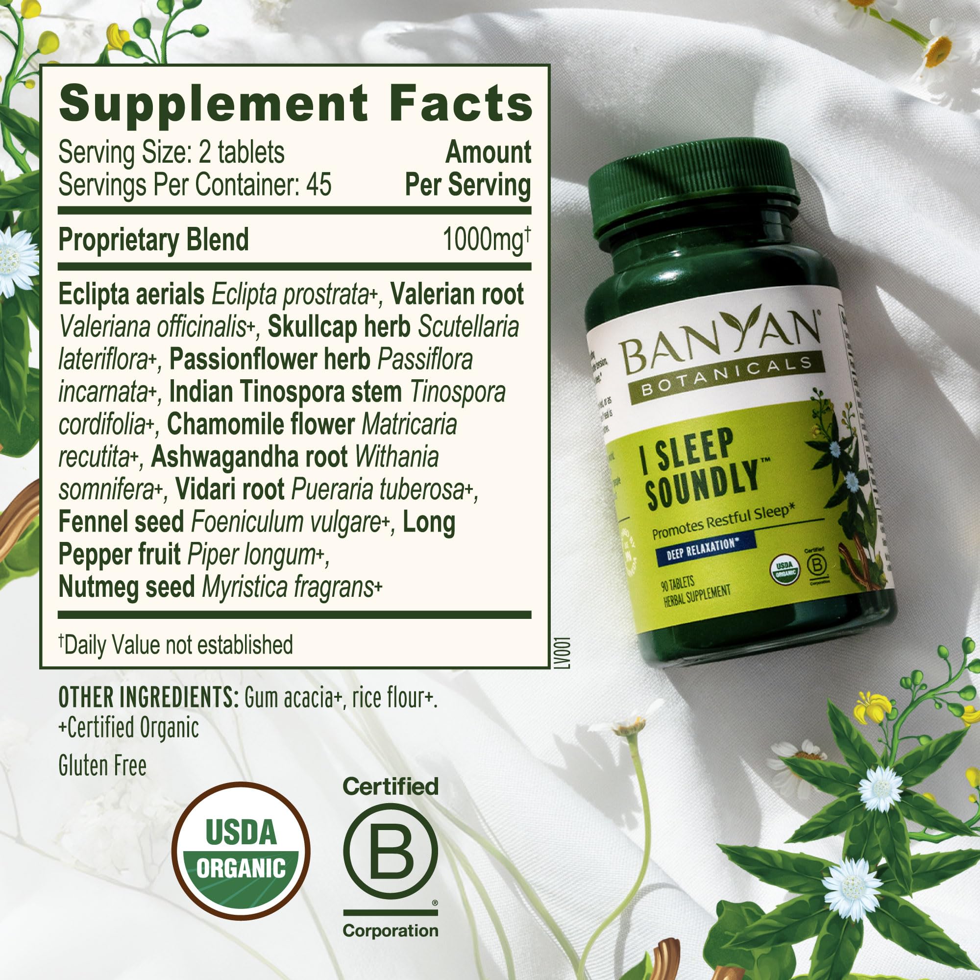 I Sleep Soundly herbal blend close-up with chamomile, ashwagandha, and valerian.