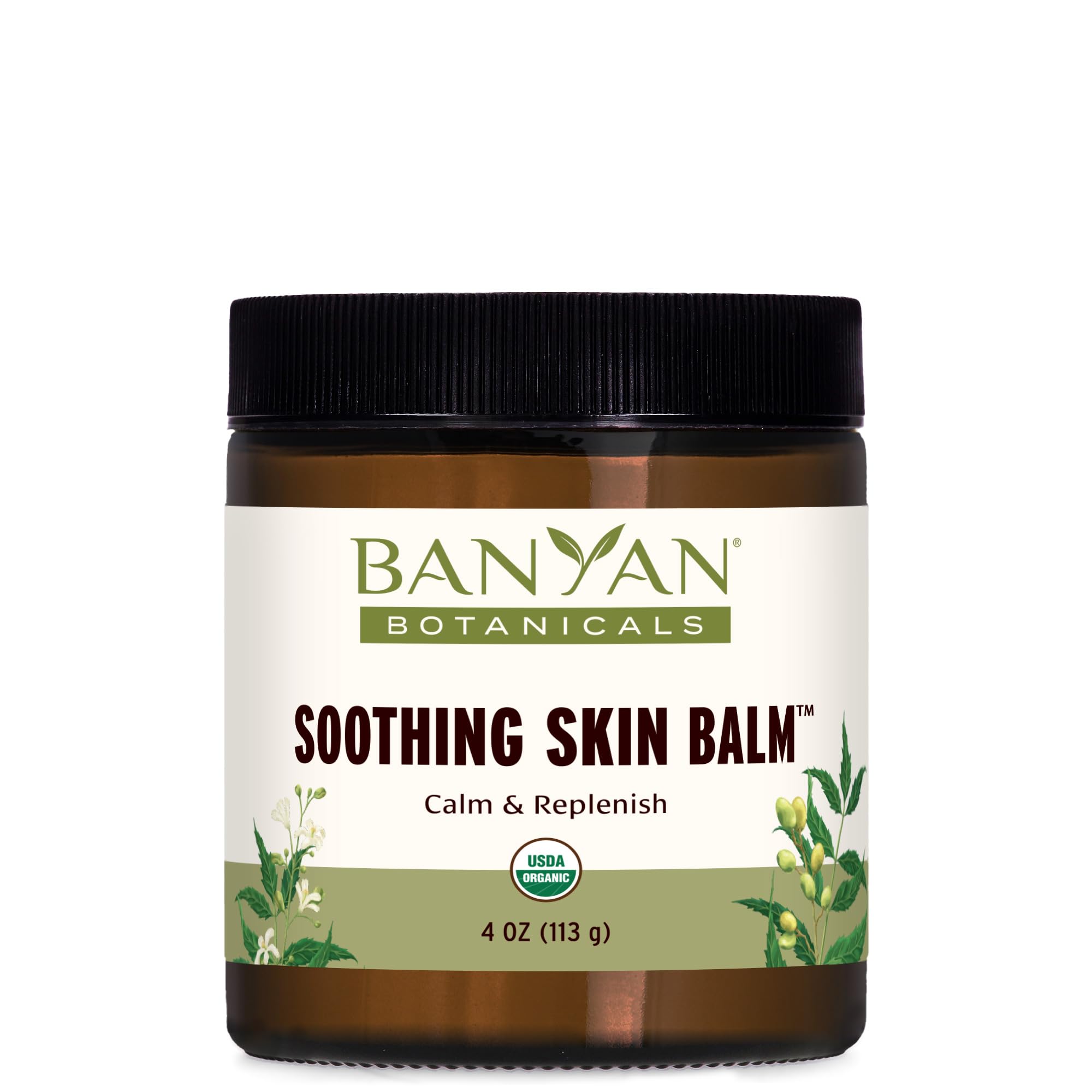 Banyan Botanicals Soothing Skin Balm jar soothes irritation and nourishes dry skin.