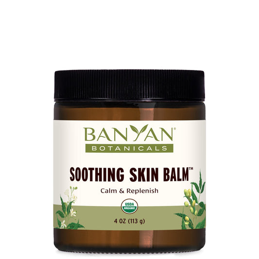 Banyan Botanicals Soothing Skin Balm jar soothes irritation and nourishes dry skin.