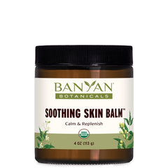 Banyan Botanicals Soothing Skin Balm jar soothes irritation and nourishes dry skin.