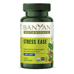 Banyan Stress Ease bottle on wood surface signaling daily resilience.