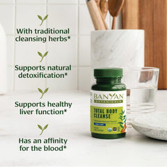 Closeup of Banyan Botanicals Total Body Cleanse tablets for daily support.