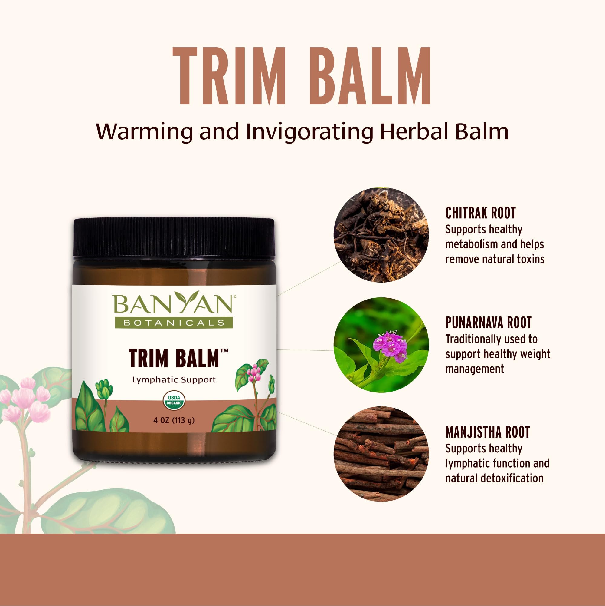 Banyan Botanicals Trim Balm jar closeup showing organic ingredients.