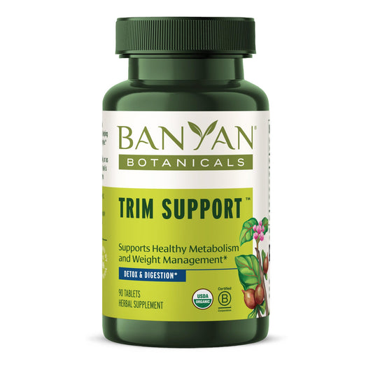 Banyan Botanicals Trim Support tablets arranged to support metabolic function.
