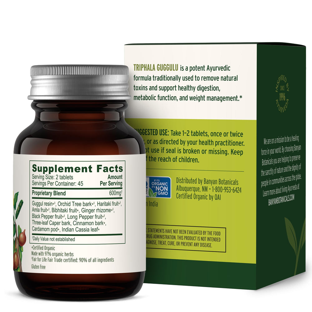 Retail display of Banyan Botanicals Triphala Guggulu indicating availability for users