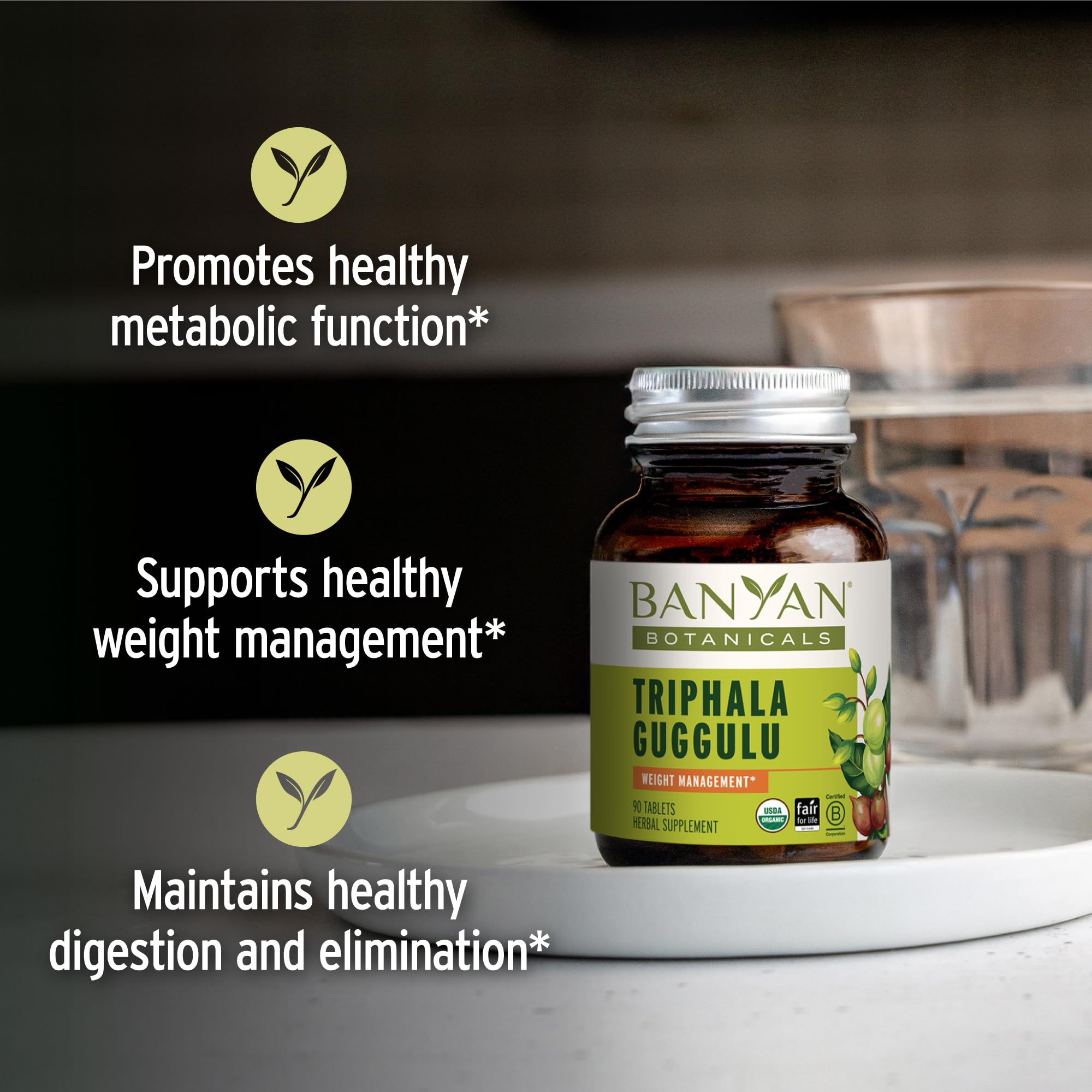 Close-up of Banyan Botanicals Triphala Guggulu tablets for convenient dosing