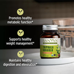 Close-up of Banyan Botanicals Triphala Guggulu tablets for convenient dosing