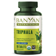 Banyan Botanicals Triphala tablets front packaging signals gentle daily digestion support.