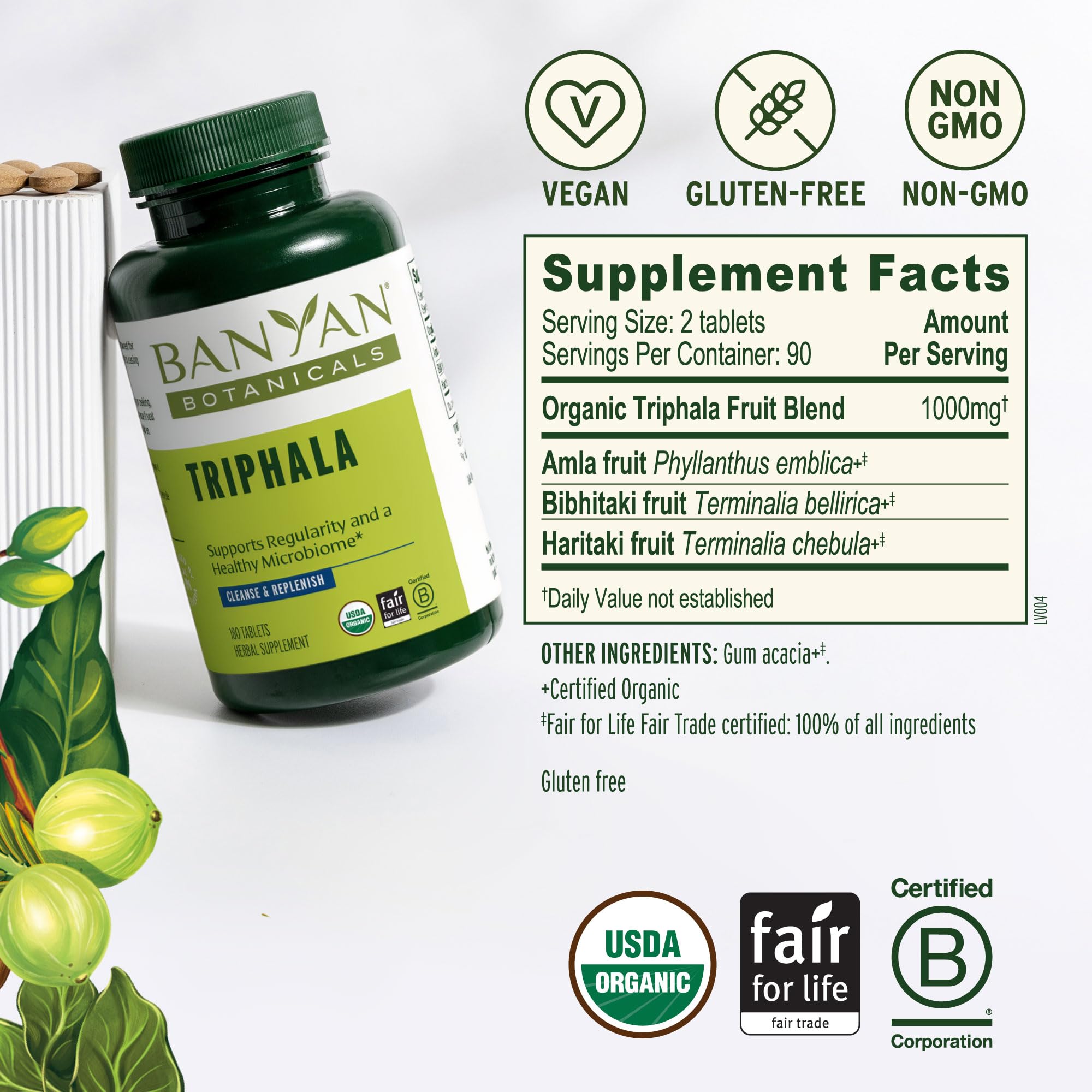 Banyan Botanicals Triphala tablets label close-up highlights organic, non-GMO credentials.