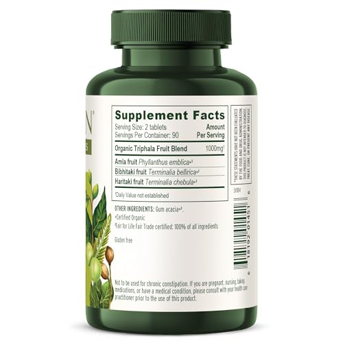 Banyan Botanicals Triphala packaging shows recycling symbol.