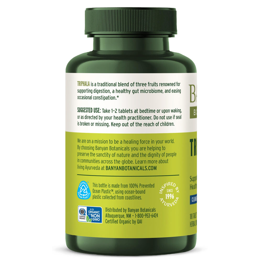 Banyan Botanicals Triphala tablets third-party testing stamp visible.